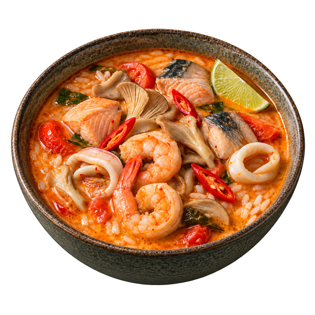 Морской том-ям с креветками, кальмаром, сёмгой и скумбрией. Временная иллюстрация блюда.
